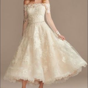 David’s Bridal Oleg Cassini Off Shoulder Applique Tea-Length Wedding Dress
